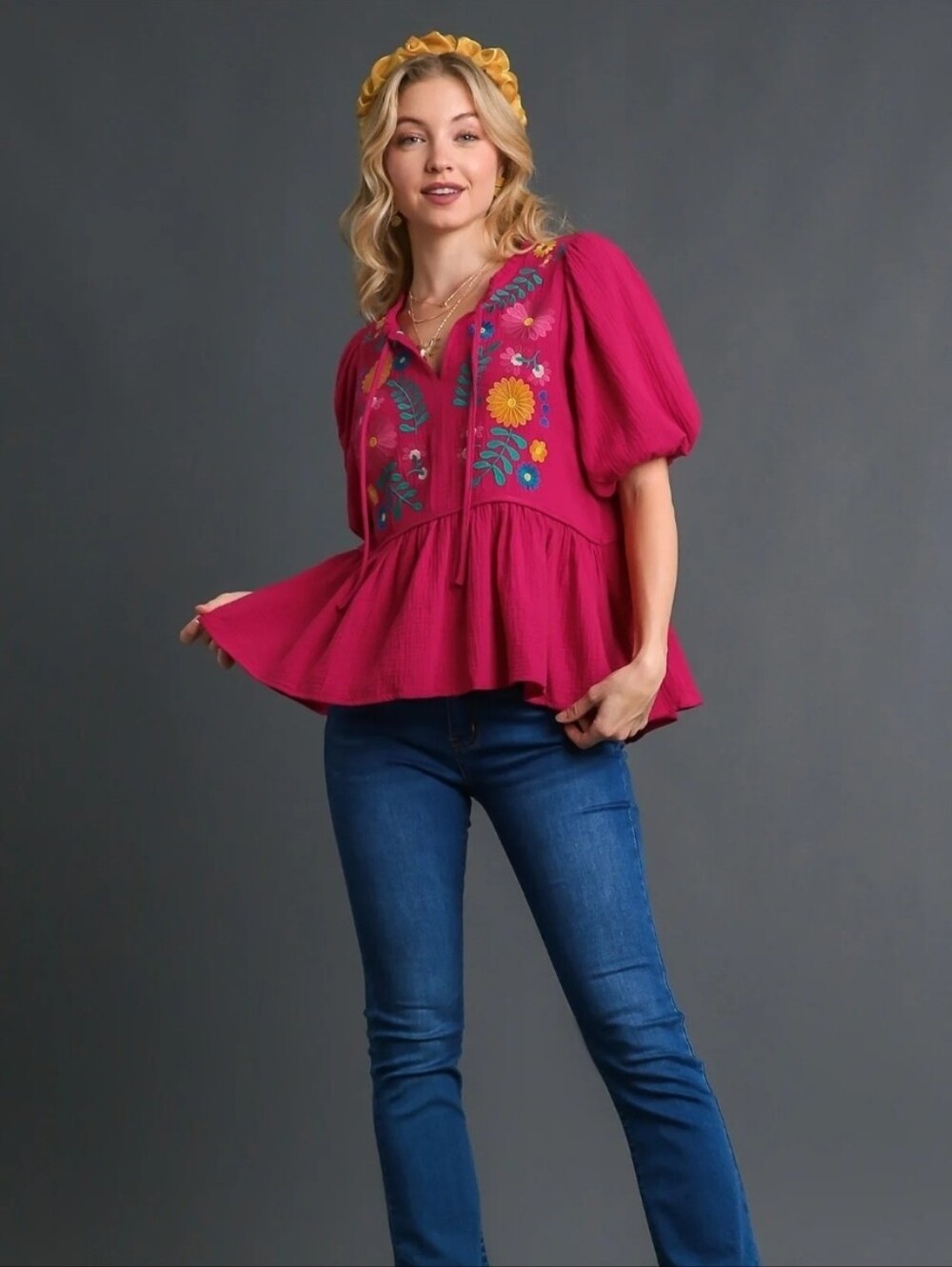 Umgee Cotton Gauze Floral Embroidery BabyDoll Top L - Picture 2 of 8